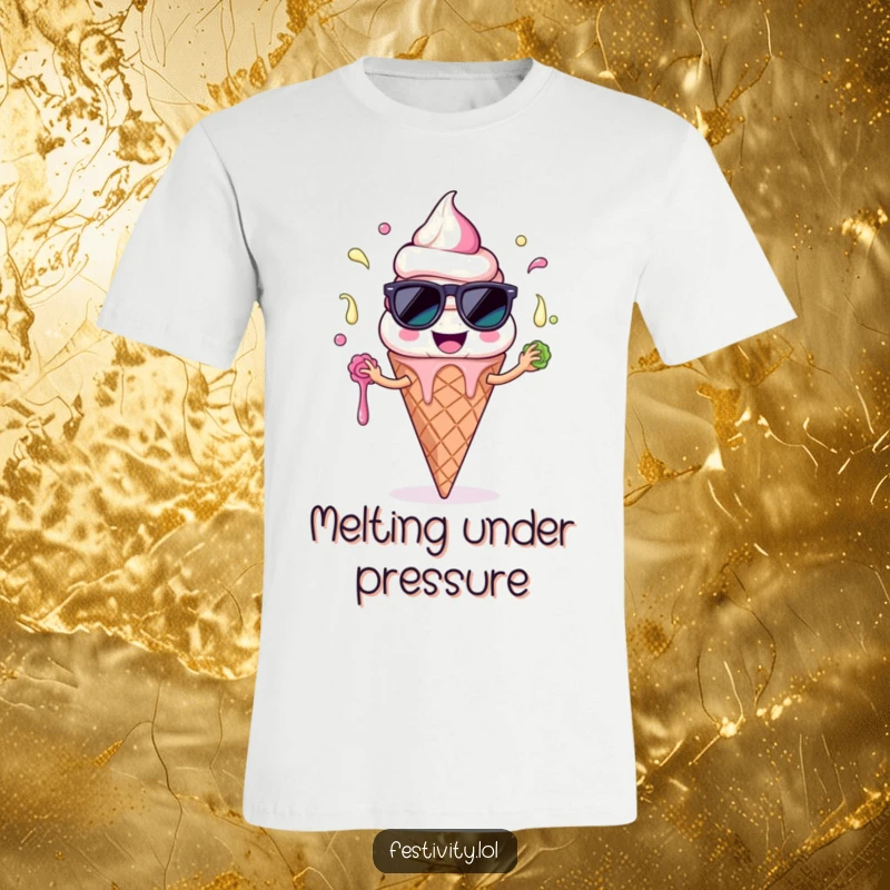 Funny Ice Cream Cone T-Shirt: A smiling ice cream cone character with sunglasses comically juggling melting scoops, perfect for cool fun.