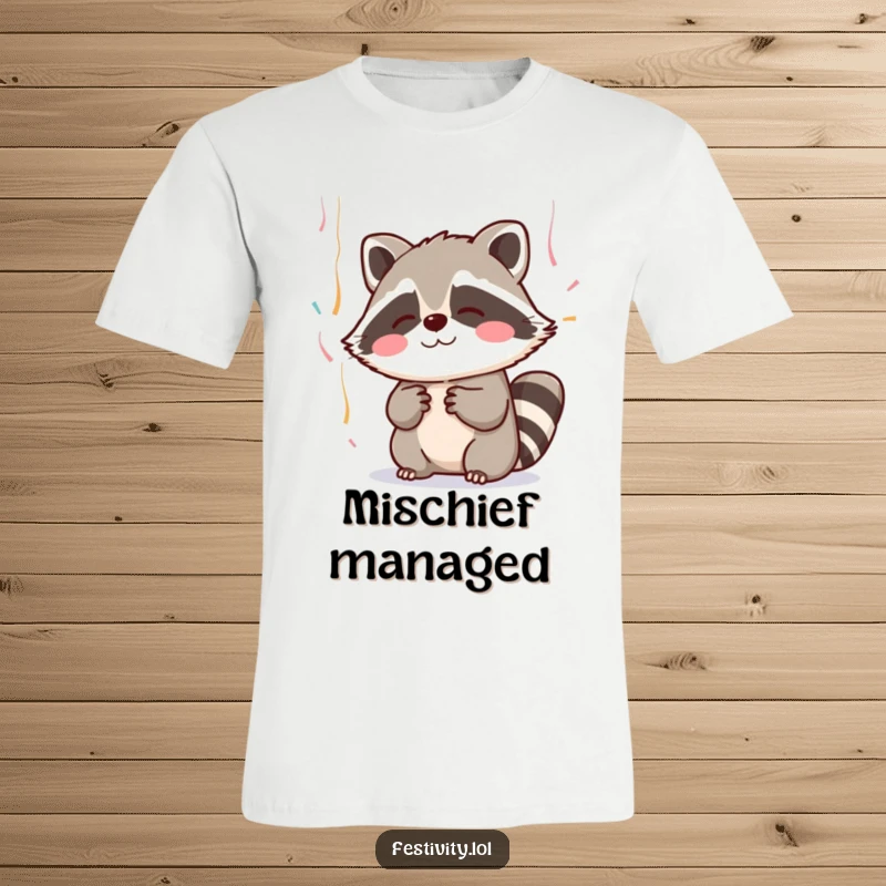 Funny t-shirt displaying a blushing raccoon with paws outstretched, playfully attempting to catch falling streamers, looking bashful.
