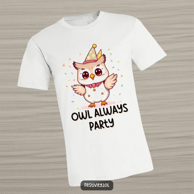Funny tiny owl character dressed as a party planner, excitedly tossing confetti on a humorous t-shirt.