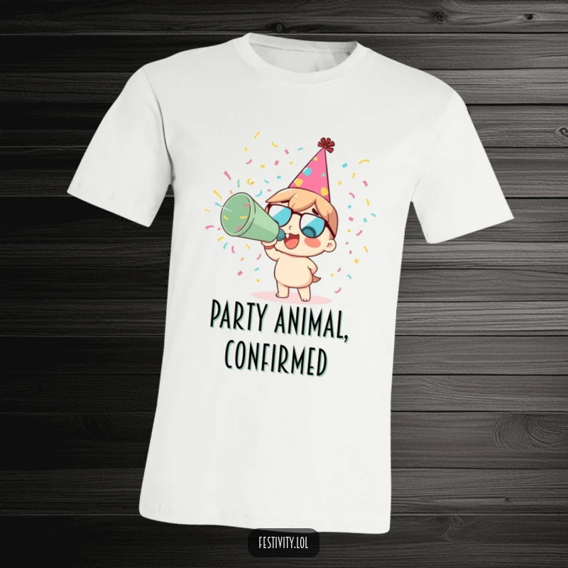 Funny delighted character wearing a party hat, blowing up a giant confetti cannon on a t-shirt.