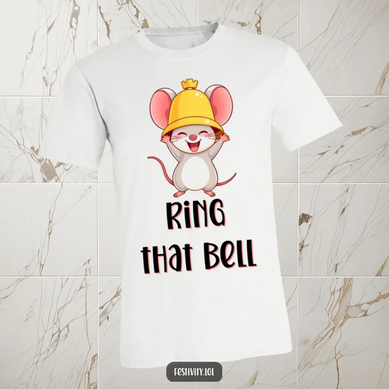 Funny t-shirt depicting a triumphant mouse ringing a large golden bell with immense joy and celebration.