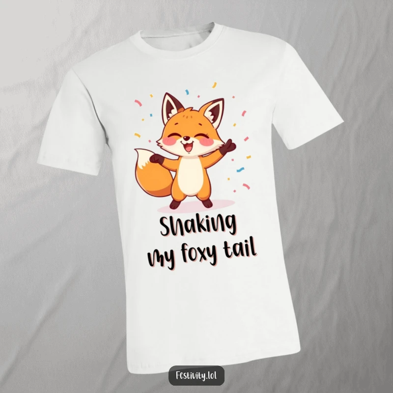 Funny t-shirt illustrating a fox gleefully dancing amidst a shower of vibrant confetti, embodying pure celebratory excitement.