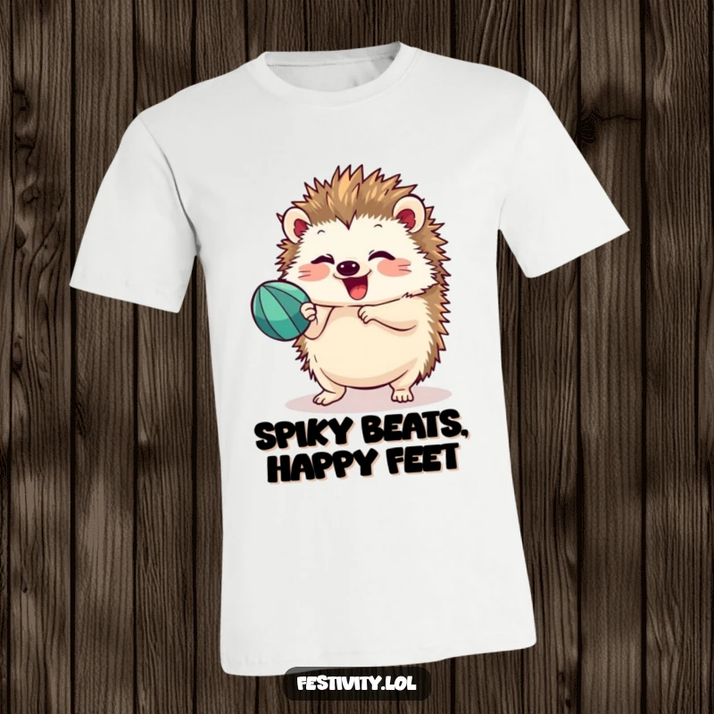 Funny hedgehog wearing a party hat, enthusiastically shaking a maraca with focused delight, printed on a comfortable t-shirt.