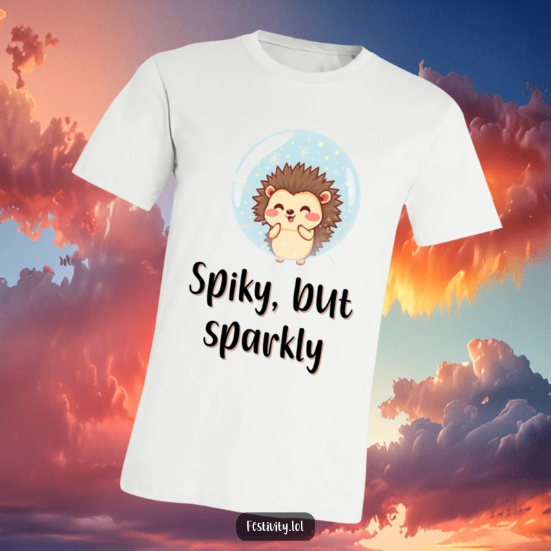 Funny t-shirt featuring a smiling hedgehog blowing a large bubble filled with tiny fireworks, symbolizing joy and celebration.