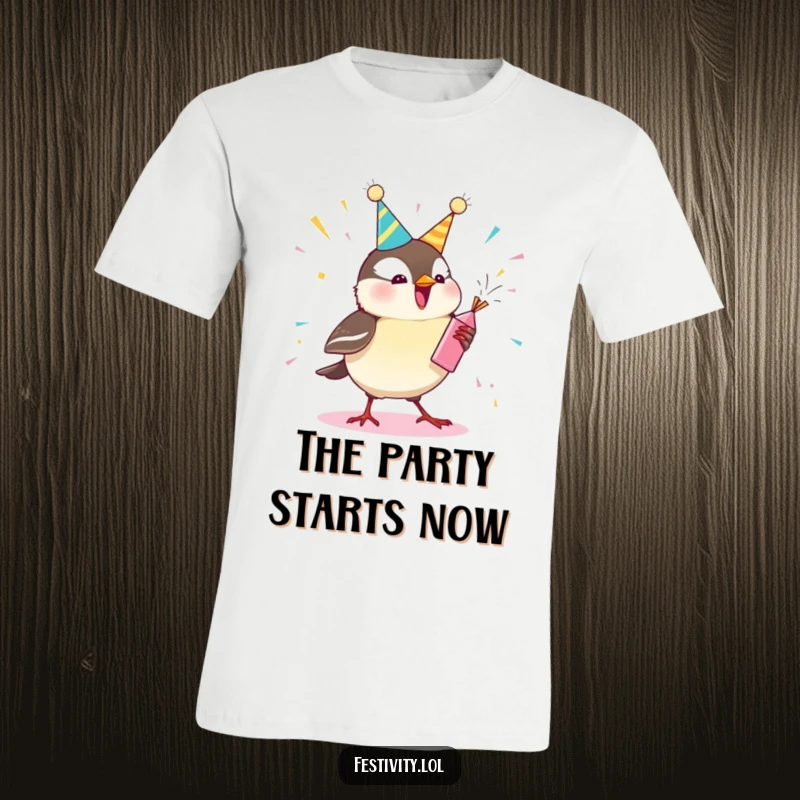 Funny chickadee t-shirt featuring a joyful bird popping a confetti-filled party popper, spreading cheer and laughter. A must-have for bird enthusiasts.