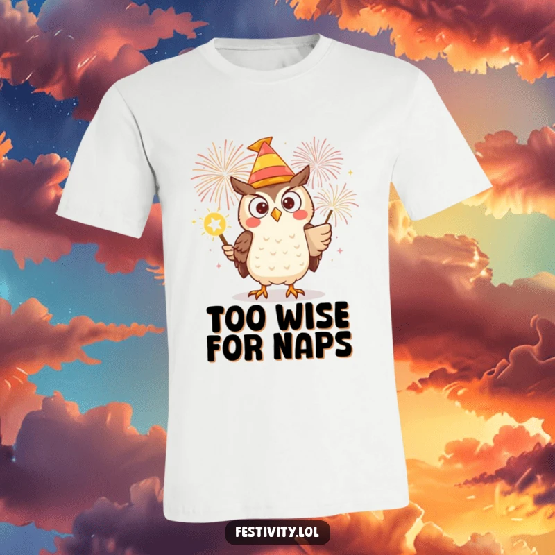 Funny t-shirt depicting a focused owl in a silly hat, bravely lighting a giant firework, ready for an explosive celebration.