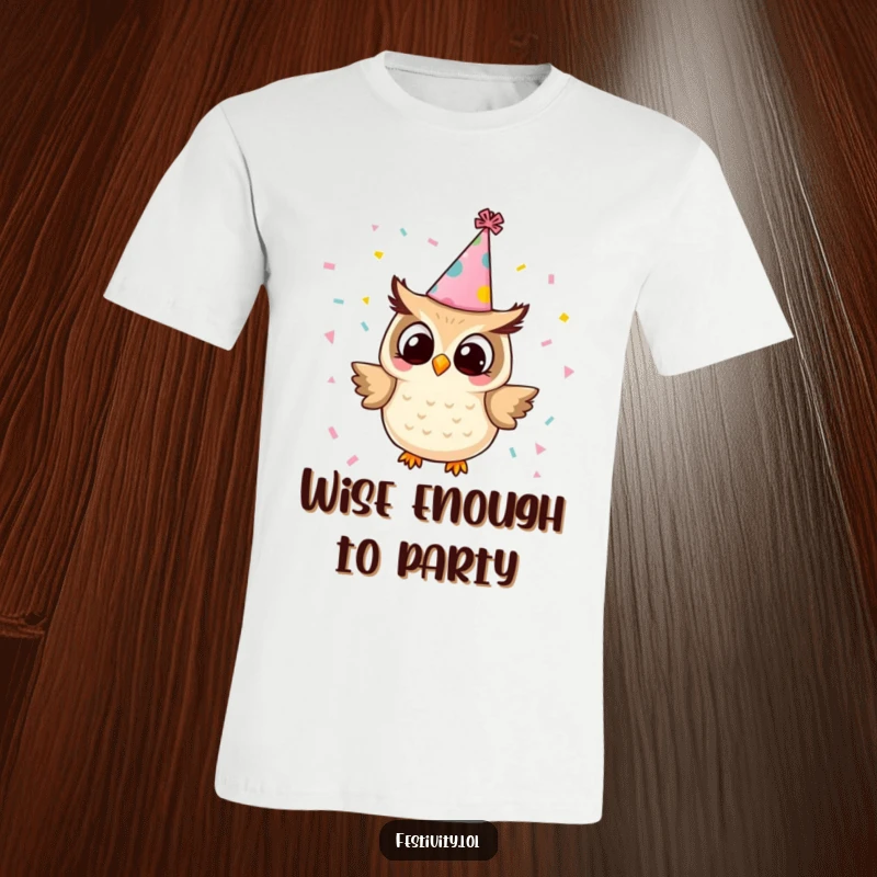 Funny owl t-shirt showing a small owl in a party hat scattering confetti, radiating an infectious spirit of joy and celebration.