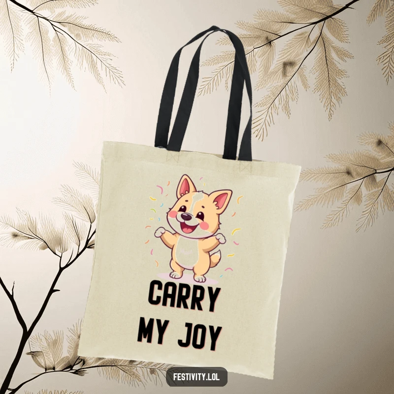 Funny tote bag with a happy dog dancing joyfully, decorated with streamers, durable and humorous accessory.