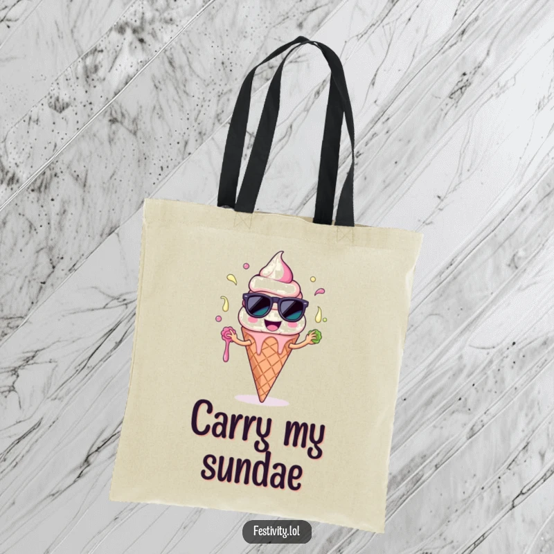 Funny Ice Cream Cone Tote Bag: A smiling ice cream character with sunglasses comically juggling melting scoops, ideal for carrying essentials with joy.