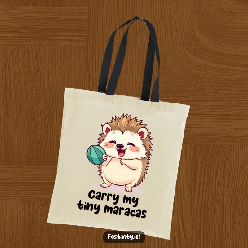 Funny hedgehog shaking a maraca with intense delight, depicted on a sturdy tote bag, great for market trips and parties.