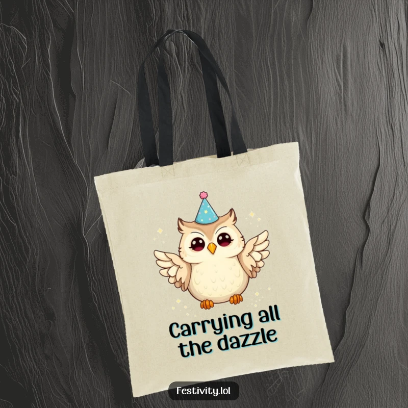 Funny owl tote bag with a joyous owl in a party hat scattering glitter from its wings, a delightful and functional accessory.