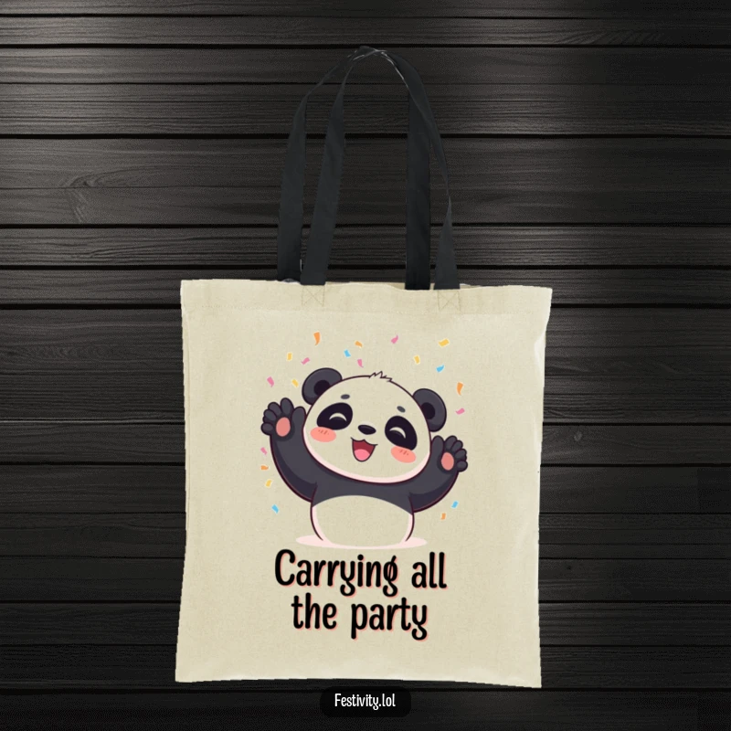 Funny Panda Tote Bag, perfect for shopping, with a panda gleefully tossing a shower of colorful confetti.