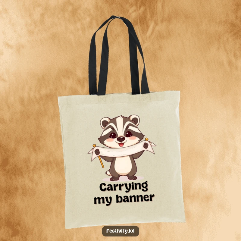 Funny Badger Tote Bag: A triumphant badger holds a celebratory banner, perfect for carrying your winning essentials.