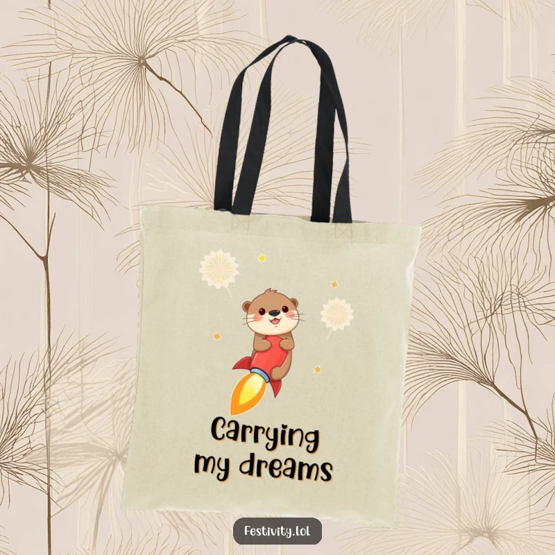 Funny otter tote bag showing a cheerful otter riding a firecracker like a rocket into the sky, a practical and humorous accessory.