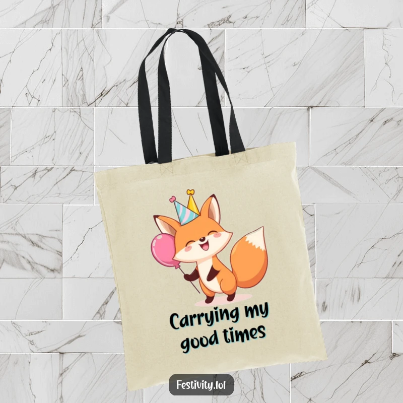 Funny tote bag showcasing a giggling fox in a party hat bouncing a giant balloon, perfect for shopping and errands.