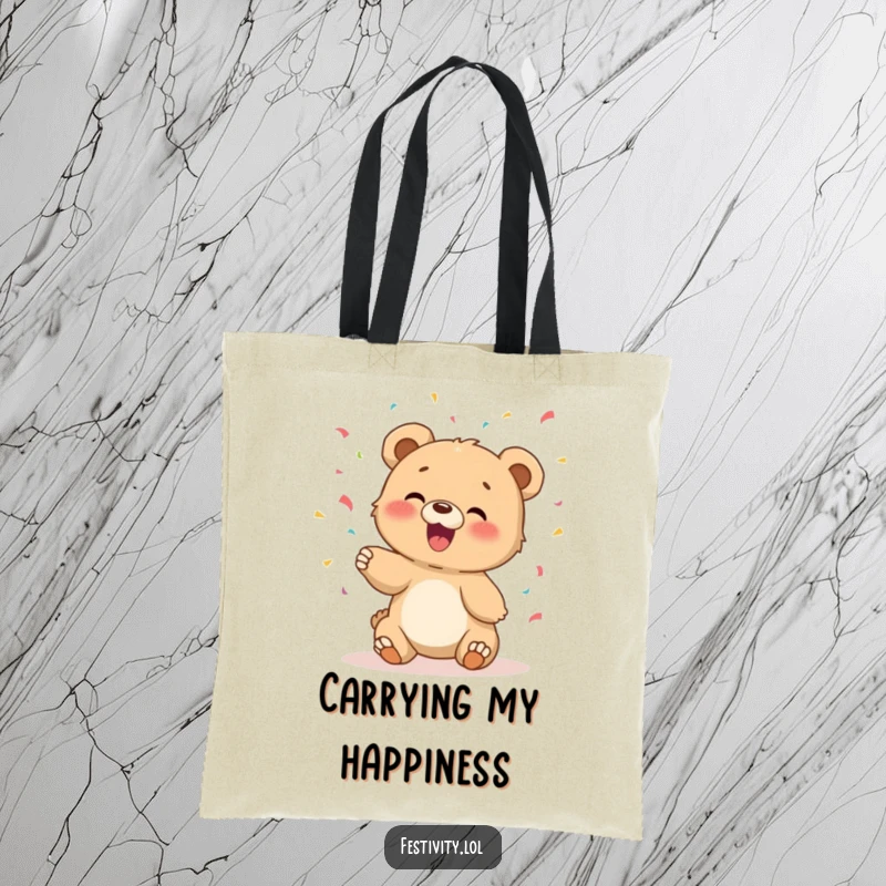 Funny tote bag with a giggling bear cub tossing confetti, perfect for carrying essentials with a happy vibe.