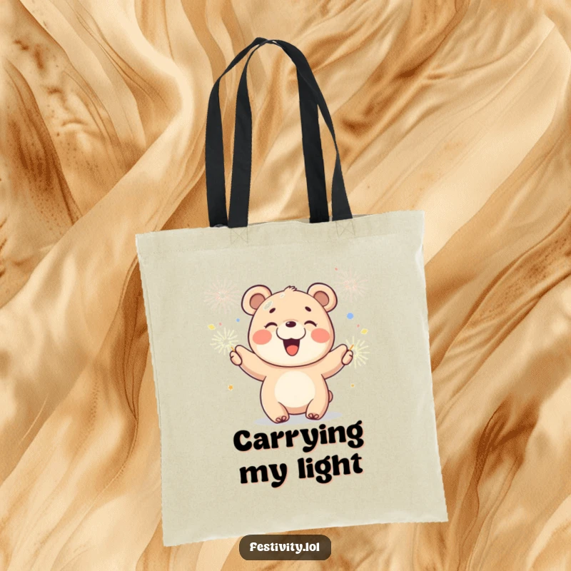 Funny tote bag with a joyful bear cub waving sparklers, a cute and humorous accessory for carrying happiness.