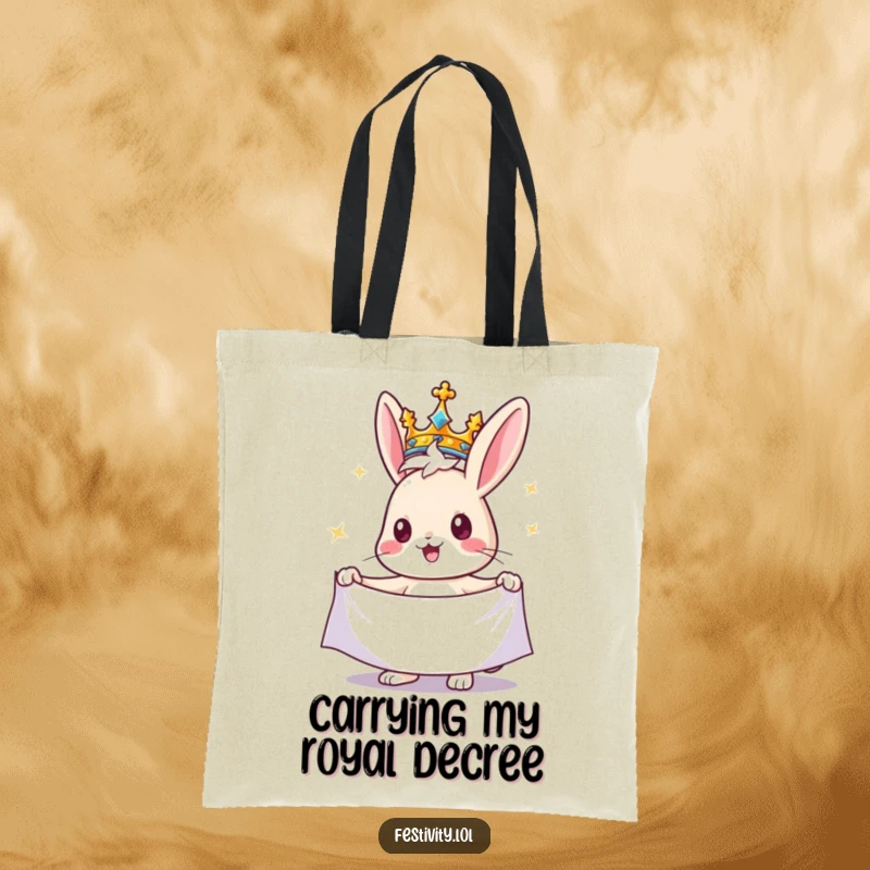 Funny rabbit tote bag showing a cheerful rabbit wearing a crown and holding a sparkling banner, a charming and regal accessory.