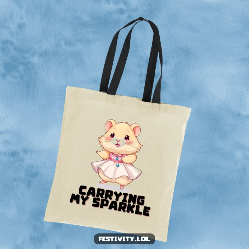 Funny hamster wearing a tiny party dress and twirling happily, a humorous and adorable design for a versatile tote bag.