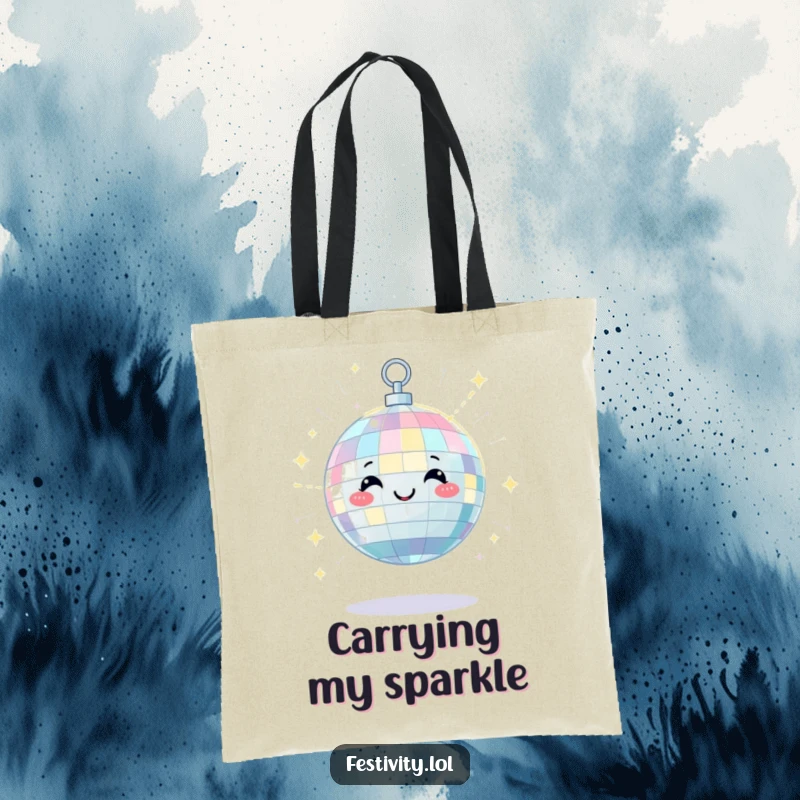 Funny tote bag with a satisfied disco ball character scattering bright beams of light with a happy twinkle, a stylish carry-all.