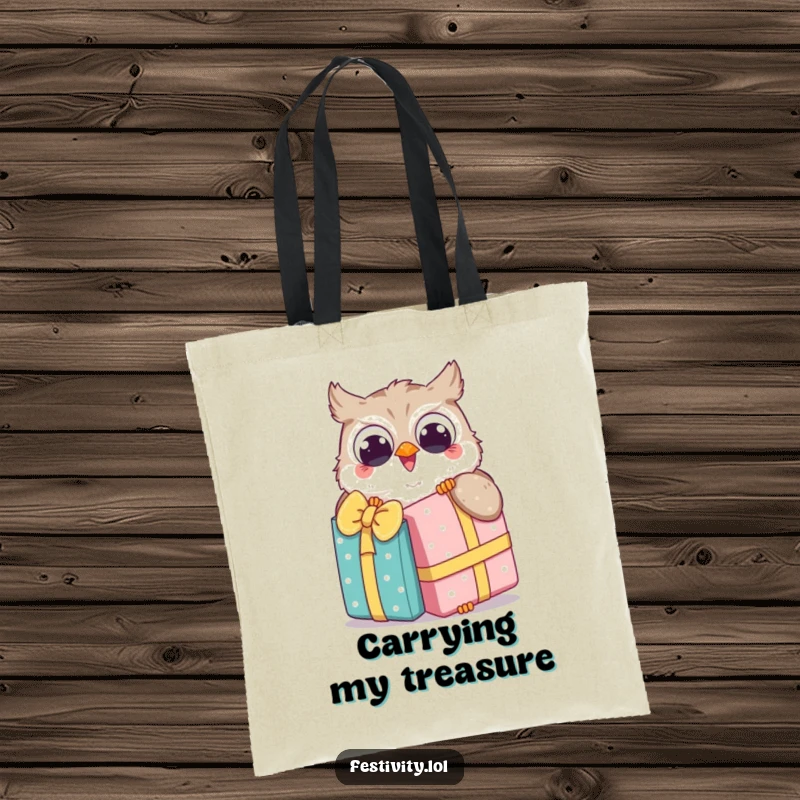 Funny Owl Tote Bag features a joyful owl unwrapping a comically oversized gift, perfect for carrying essentials with flair.