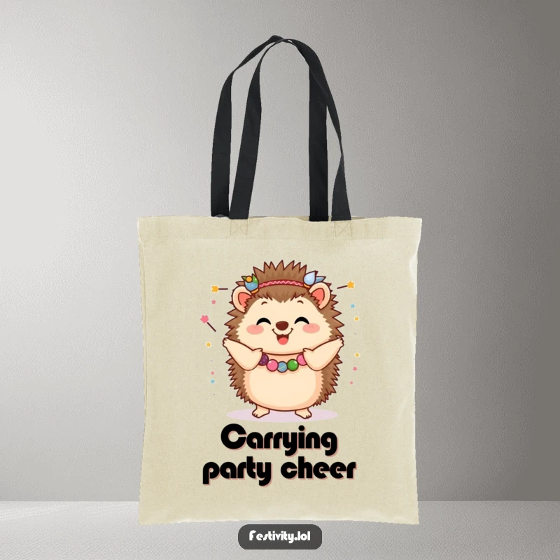 Funny Hedgehog Tote Bag: A happy hedgehog dancing joyfully, draped in festive garlands, ready for any adventure.