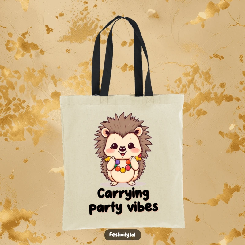 Funny tote bag featuring a cheerful hedgehog wearing a festive garland and clapping its paws, perfect for shopping joyfully.