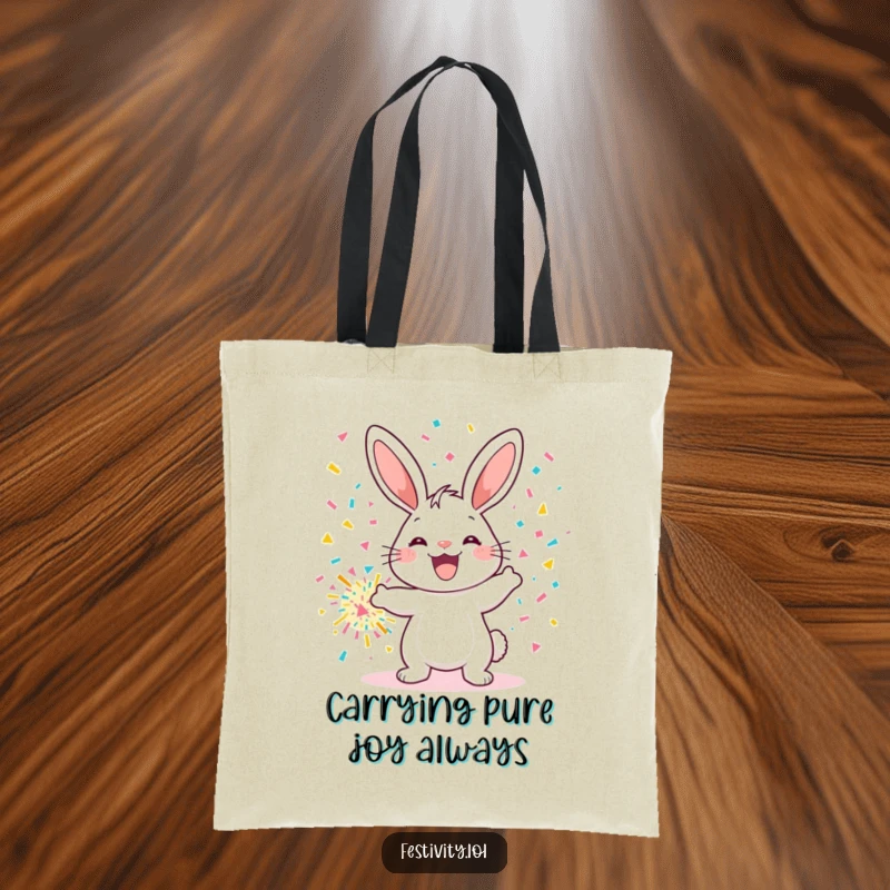 Funny tote bag depicting a gleeful bunny launching a giant confetti bomb, great for shopping and spreading smiles.