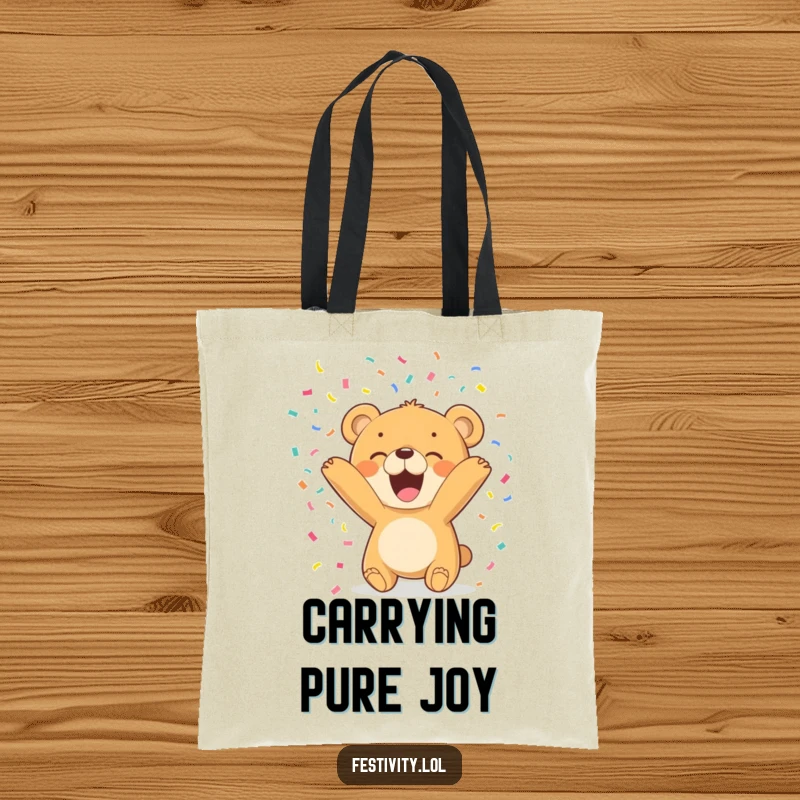 Funny Bear Cub Tote Bag features a delighted cub scattering confetti, a humorous and functional accessory for carrying joy.