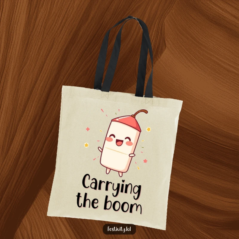 Funny happy firecracker igniting with a spark, a humorous and practical tote bag for carrying essentials.