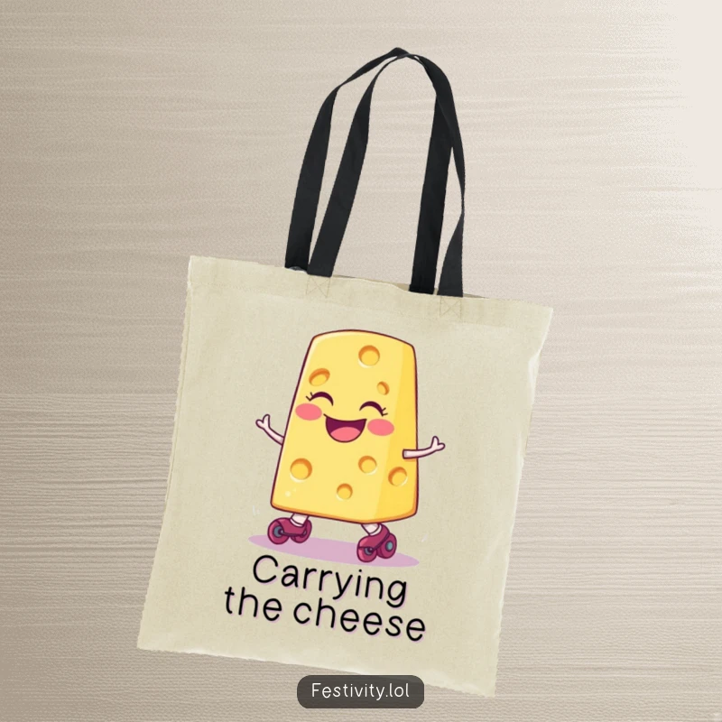Funny smiling cheese slice on tiny roller skates comically tripping, printed on a practical and funny tote bag.