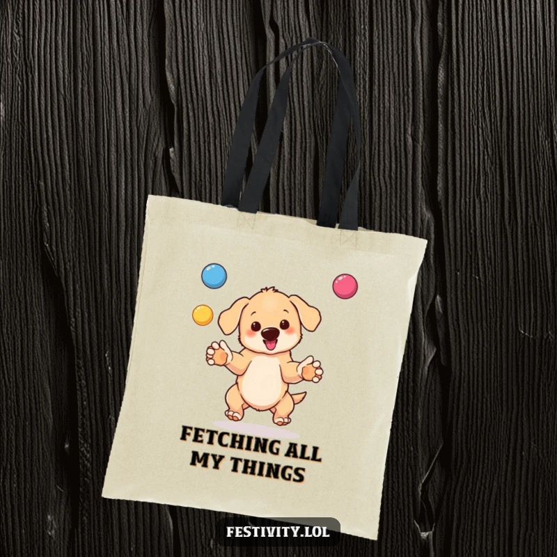 Funny tote bag illustration of a bouncing puppy juggling bright balls, capturing a moment of pure, playful energy.