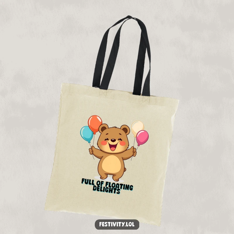 Funny bear tote bag showing a happy bear with a wide grin juggling colorful balloons, a charming accessory for daily use.
