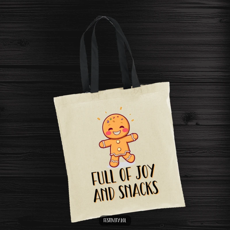 Funny Gingerbread Man Jig Tote Bag showcasing a grinning gingerbread man character dancing joyfully amid a delightful sprinkle explosion, ideal for stylish carrying.