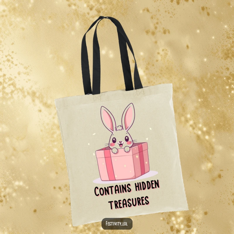 Funny tote bag featuring a surprised bunny peeking from a giant gift box, a charming and humorous accessory.