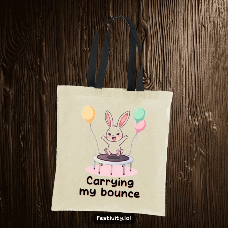 Funny Bunny Trampoline Tote Bag features a cheerful bunny bouncing high on a trampoline, perfect for carrying joy.