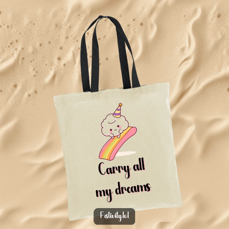 Funny Cloud Adventure Tote Bag: A fluffy cloud character comically tripping over a rainbow slide, ideal for carrying essentials with joy.