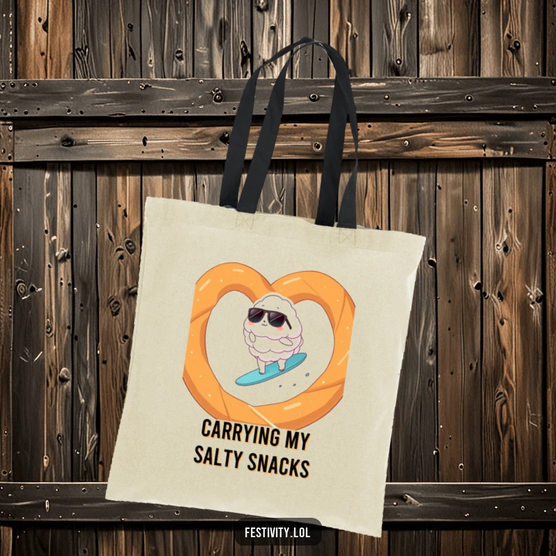Funny cloud with sunglasses surfing on a giant pretzel, printed on a practical and funny tote bag.