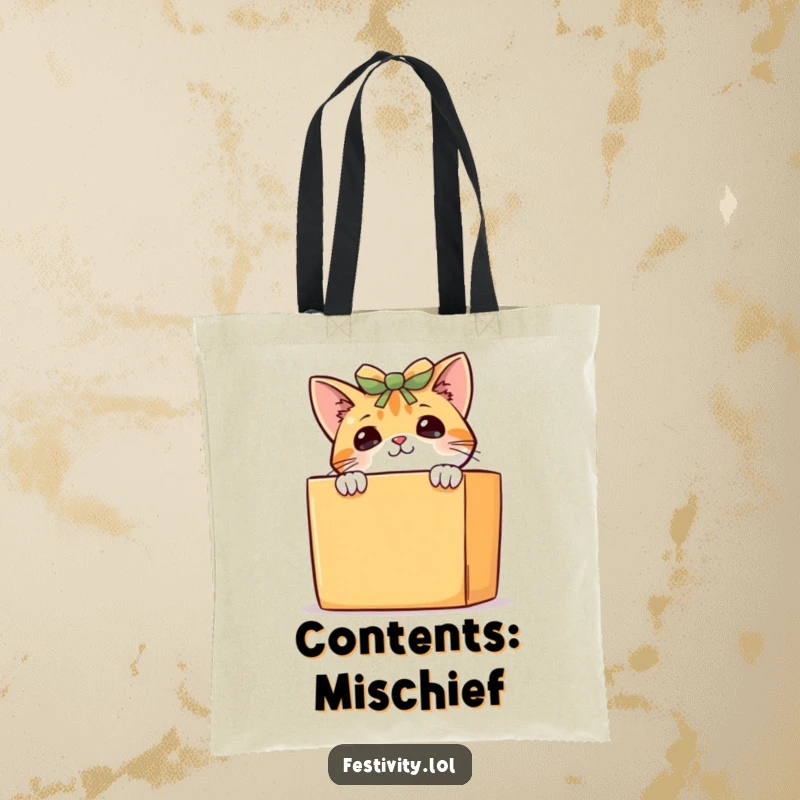 Funny curious cat tote bag, a playful kitten peeking from behind a huge gift box, ideal for shopping or daily errands.