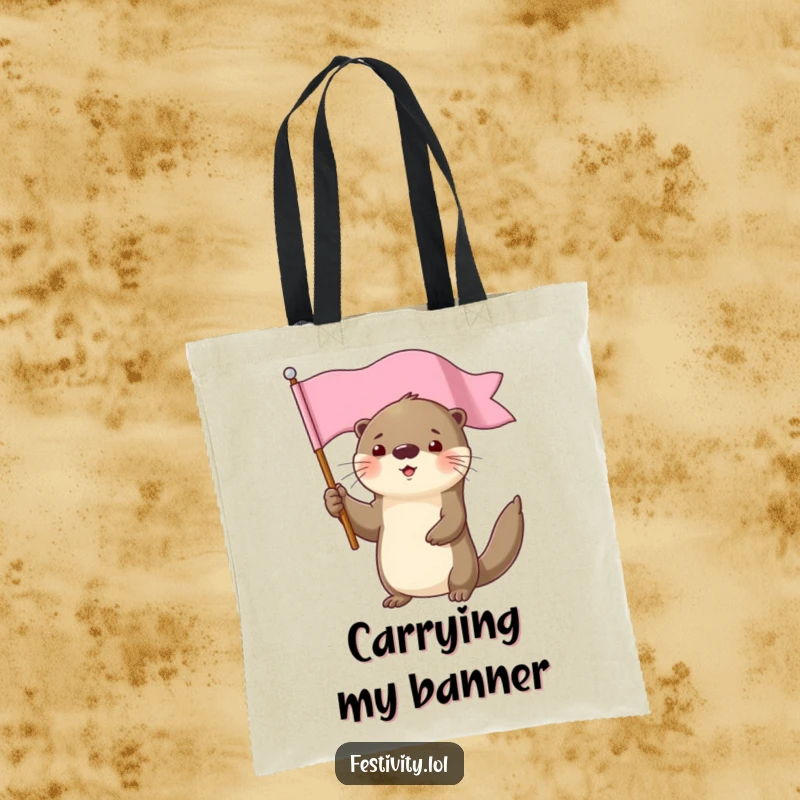 Funny determined otter character holding a flag high tote bag, a humorous and inspiring accessory.