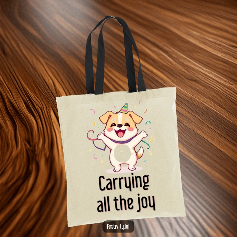Funny Dog Tote Bag: A happy dog dances enthusiastically, covered in streamers, perfect for carrying your joyful essentials.