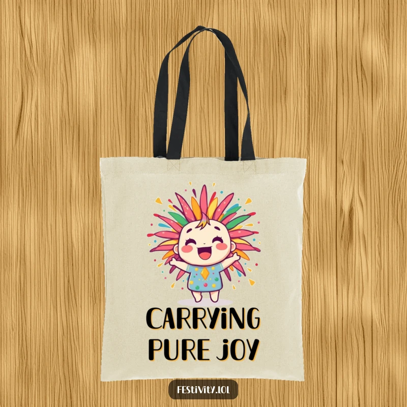 Funny tote bag with a jubilant firework character bursting with colorful, joyful patterns, ready for any occasion.