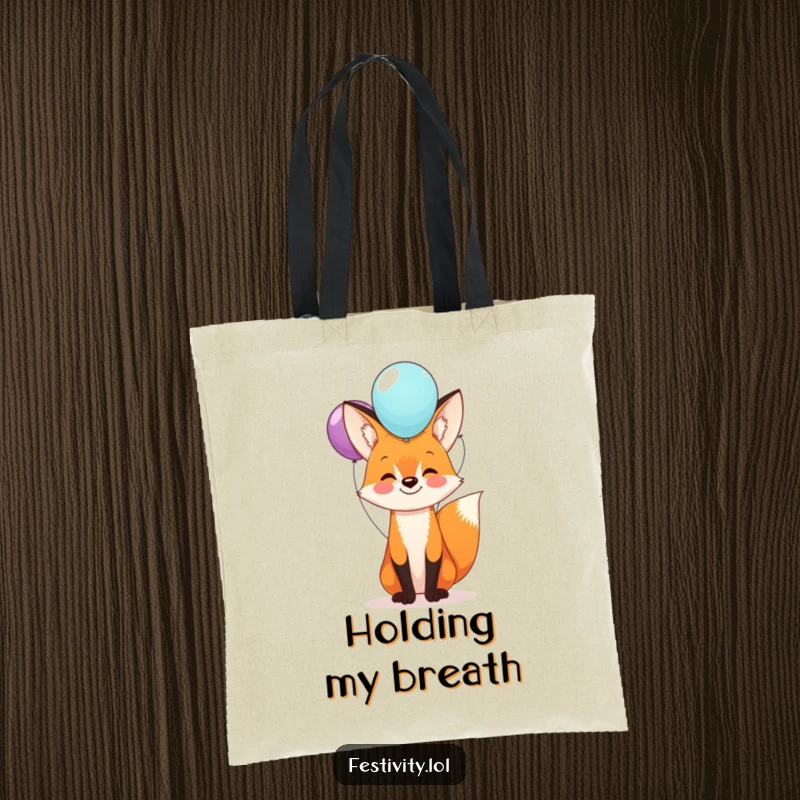 Funny fox tote bag showcasing a happy fox balancing balloons on its nose, a practical and humorous accessory for daily use.