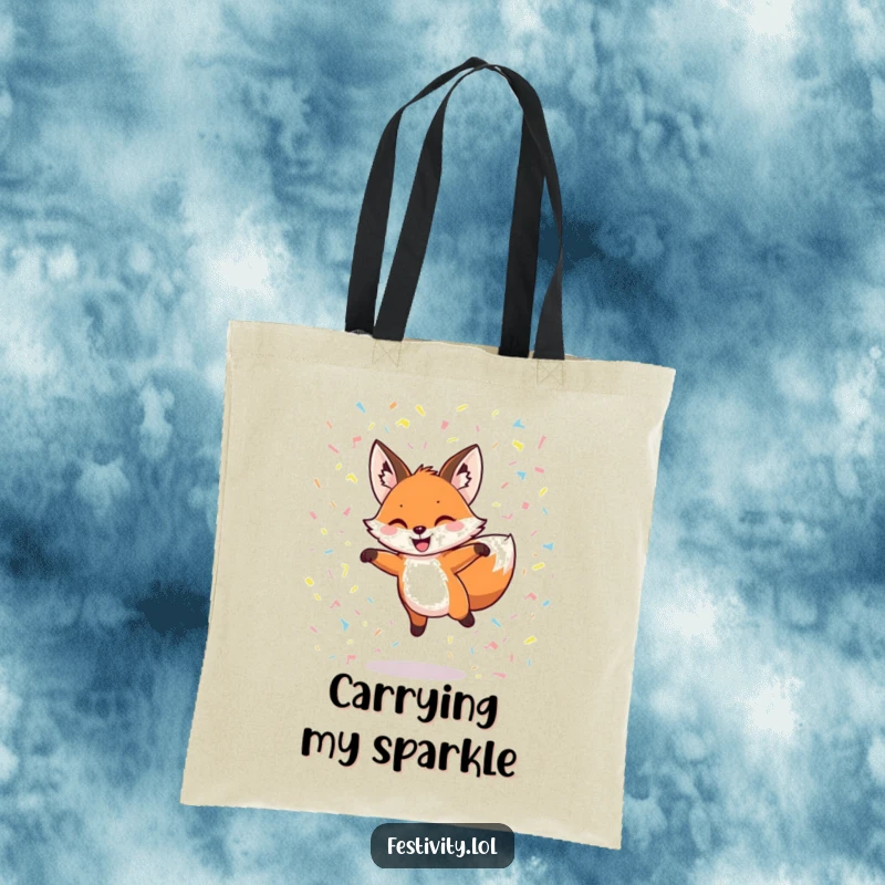 Funny tote bag with a grinning fox leaping through confetti, a vibrant and joyful accessory for daily use.