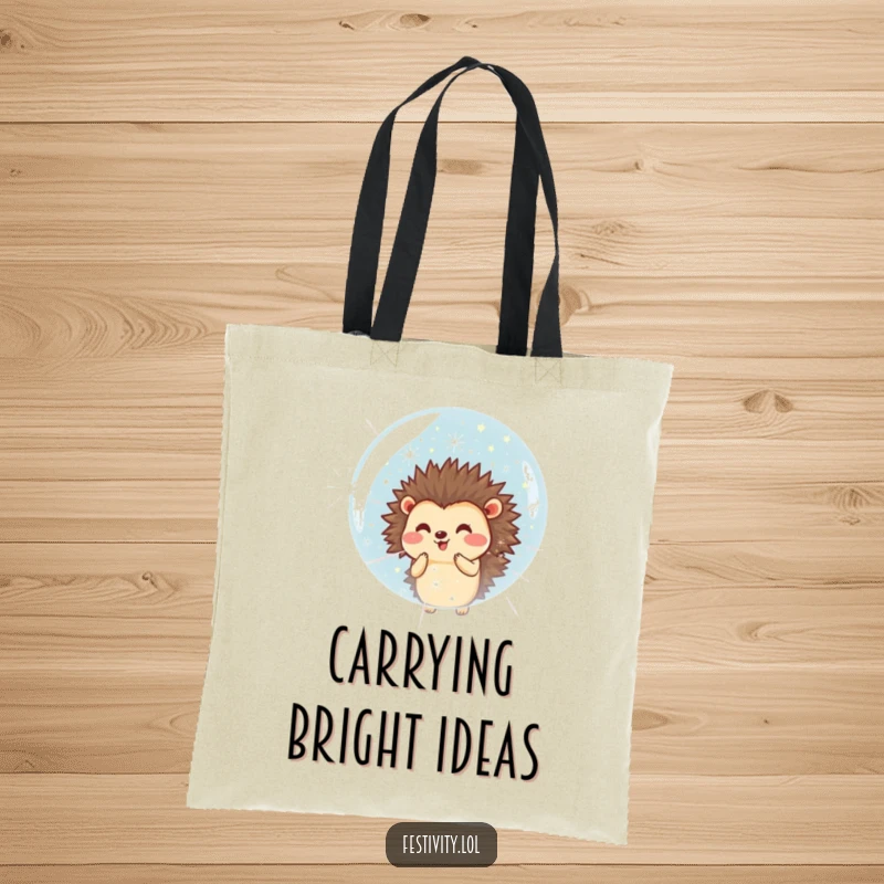 Funny tote bag showcasing a smiling hedgehog blowing a large bubble filled with tiny fireworks, perfect for carrying joy.