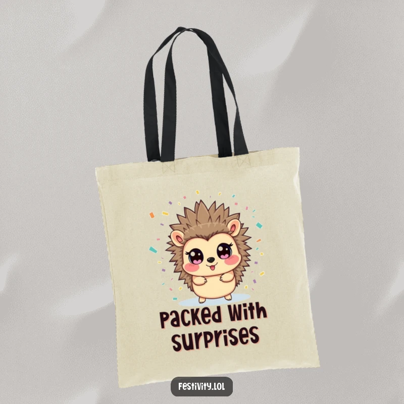 Funny hedgehog tote bag featuring a hedgehog delighting in a surprise confetti blast, perfect for groceries, books, or everyday carry.