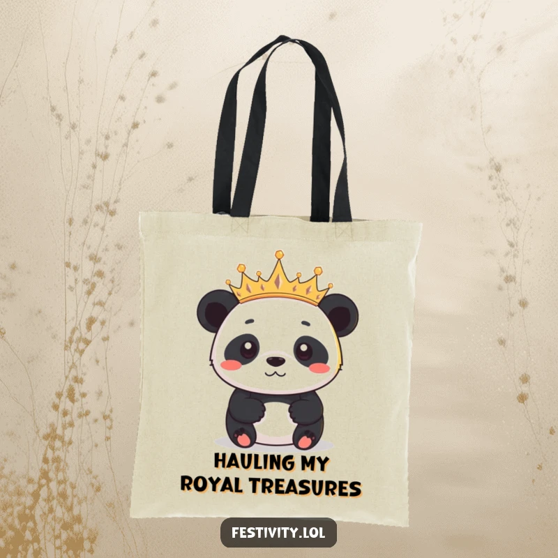 Funny determined panda wearing a crown of tiny twinkling lights on a durable tote bag, perfect for carrying everything royally.