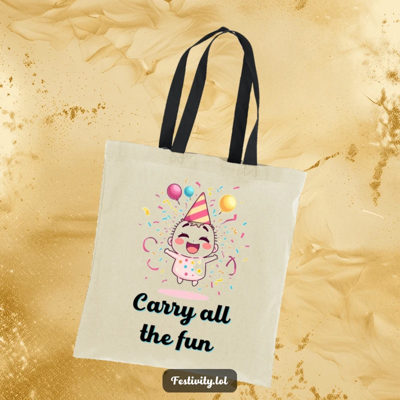 Funny tote bag showcasing a giggling party popper character exploding with colorful streamers and confetti, ready for any adventure.
