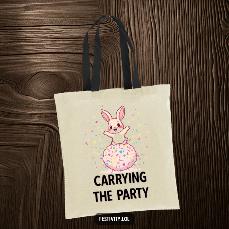 Funny rabbit tote bag showing a playful rabbit bouncing on a giant confetti bomb, a practical and humorous accessory for carrying essentials.