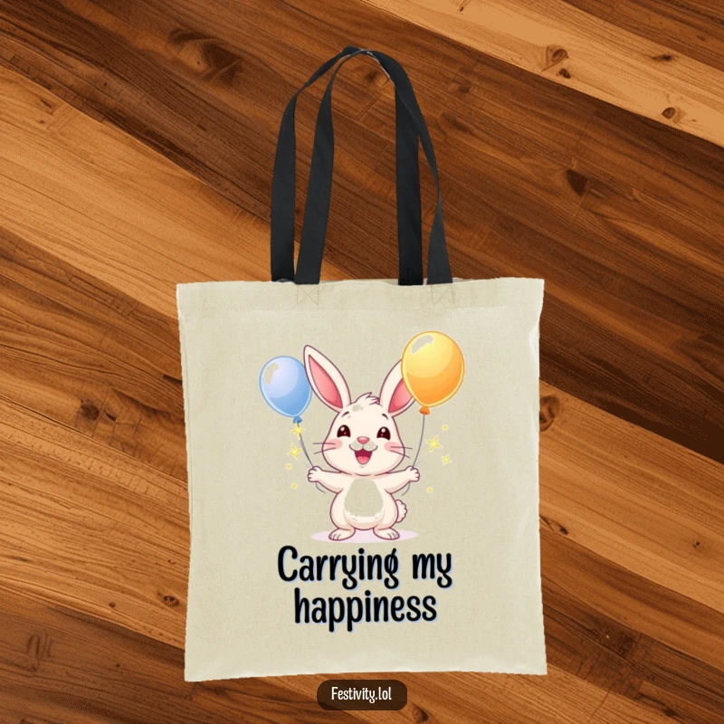 Funny tote bag featuring a cheerful rabbit juggling sparkling balloons, designed to add a touch of joy to everyday errands.